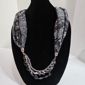 Vintage Elegant Black and Gray Paisley Scarf Necklace Excellent Used Condition